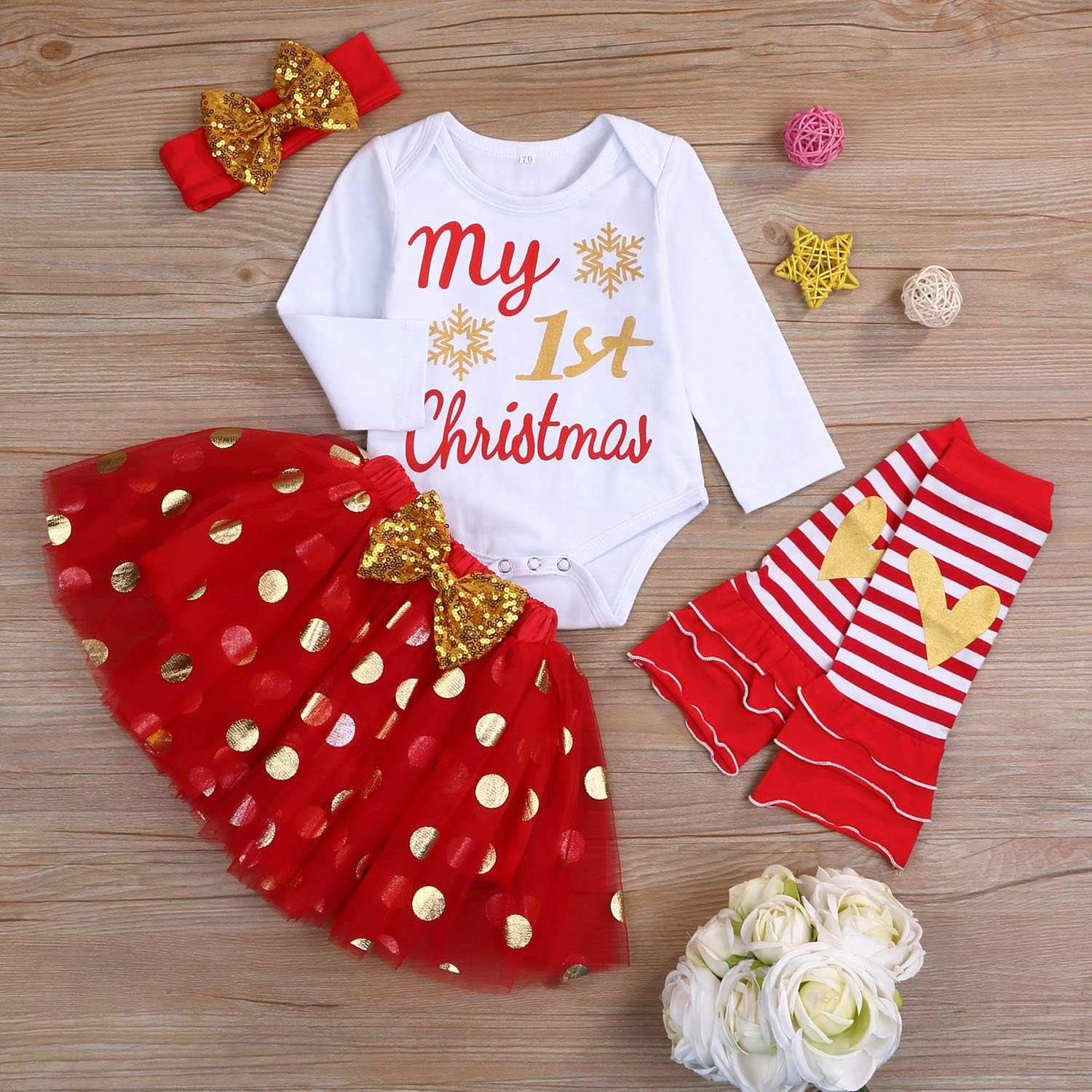 My First Christmas Clothes Baby Girls My 1St Christmas Romper Top+Dot Tutu Skirt+Leg Warmers+Headband 4Pcs Outfit Set