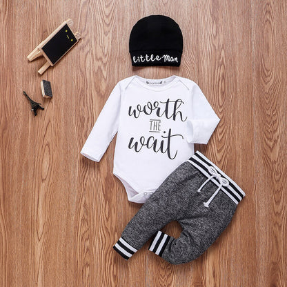 Newborn Infant Baby Boy Clothes Sets 3Pcs Little Brother Long Sleeve Romper Pant Hats Outfit Clothes Set