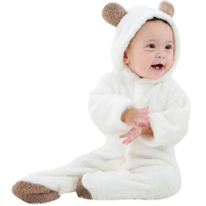 Winter Baby Boys Girls Rompers Newborn Coral Fleece Cartoon Overalls Infant Solid Color Jumpsuit Cute Animal Warm Autumn Costume