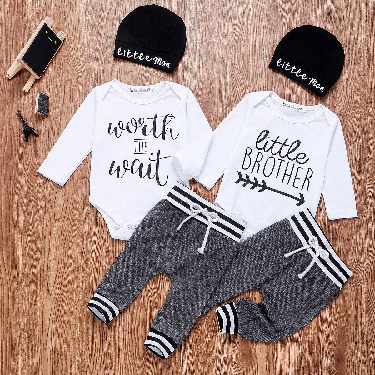 Newborn Infant Baby Boy Clothes Sets 3Pcs Little Brother Long Sleeve Romper Pant Hats Outfit Clothes Set